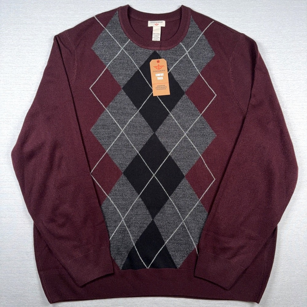 Dockers Sweater Mens 2XLT Burgundy Acrylic Long Sleeve Argyle Crew Neck NEW